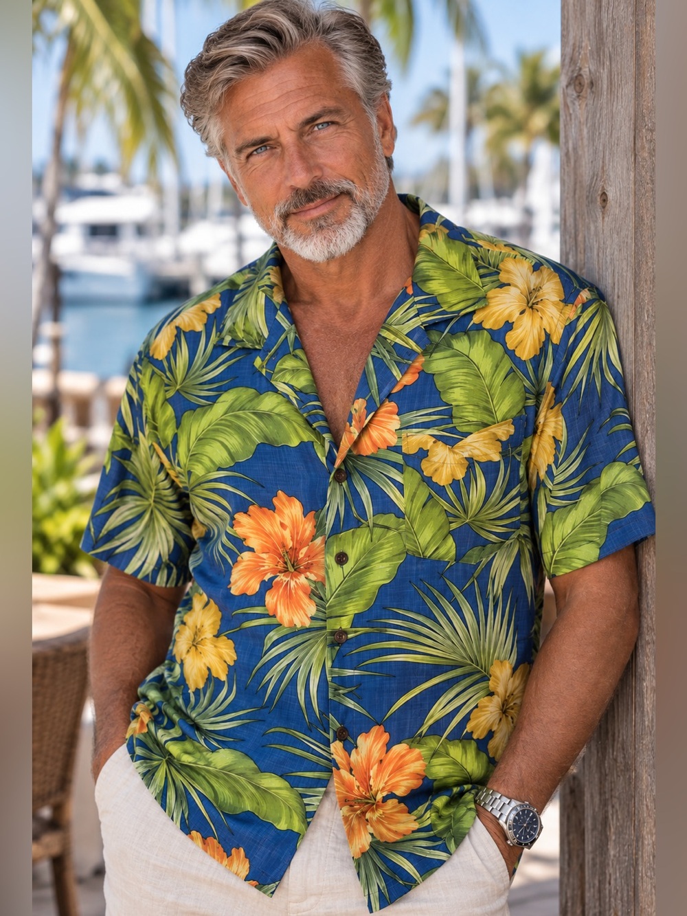 Bermuda Bay Hawaiian Shirt Men’s L 100% Silk Tropical Floral Blue Short Sleeve